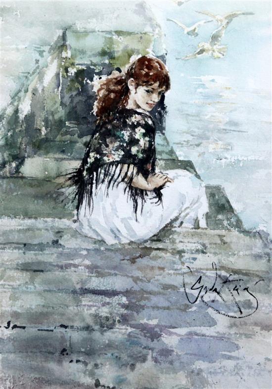 Gordon King (b.1939) Girl seated on a jetty, 14 x 10in.